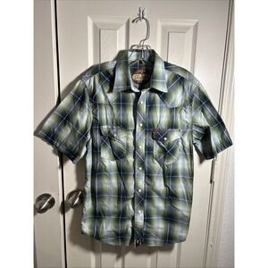 Vtg Mens Rafter C Red Dirt Pearl Snap Shirt Short Sleeve Size M Green Plaid